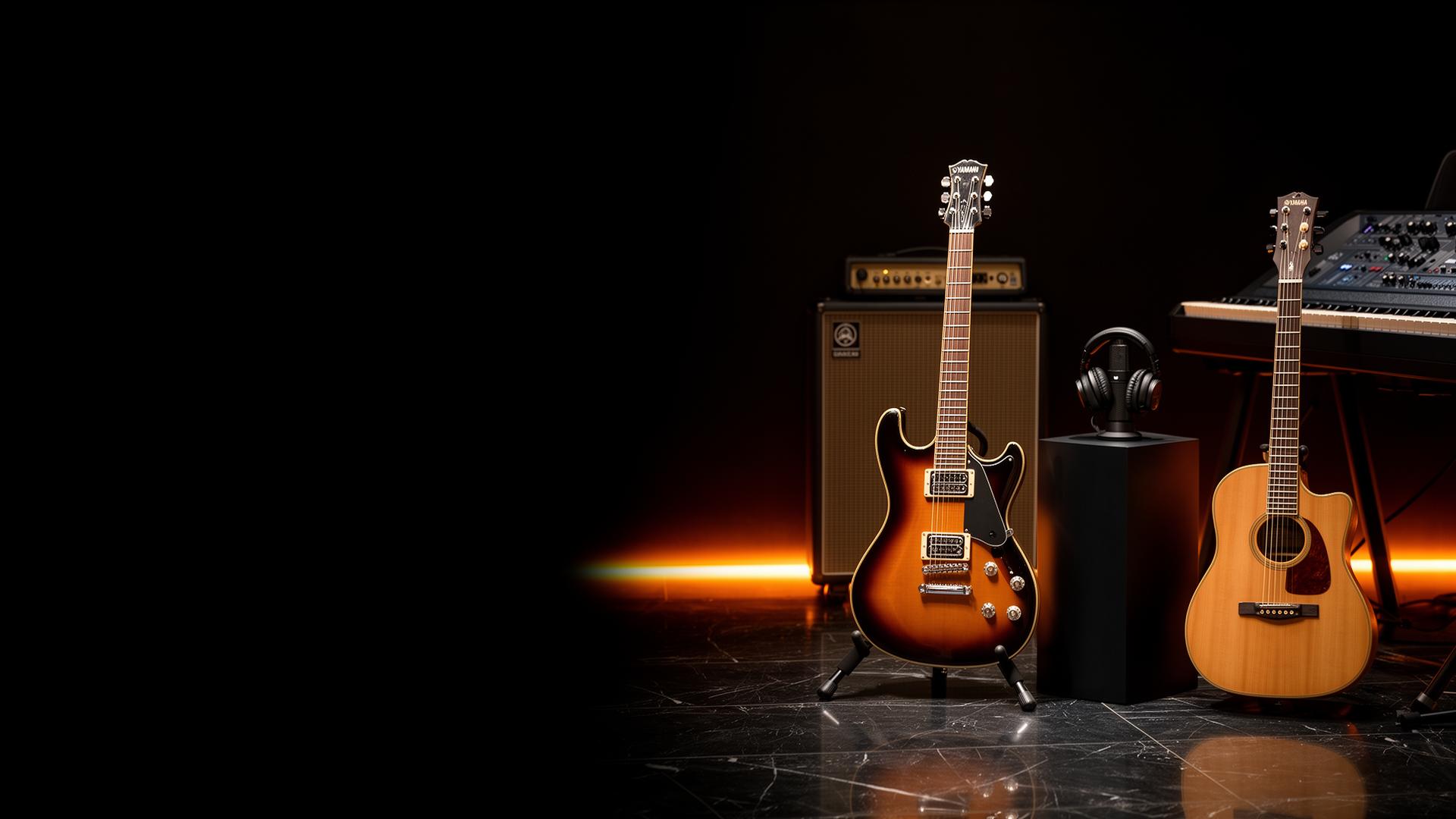 Showroom premium Euro Musical com guitarras, violão, amplificador e teclado em iluminação cinematográfica